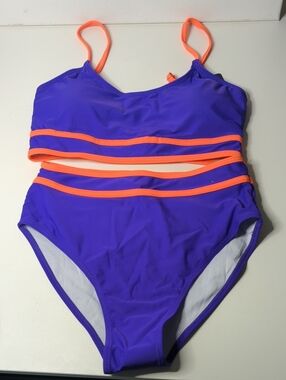 Purple Two Piece Swimsuit with Neon Orange Trim Size Small